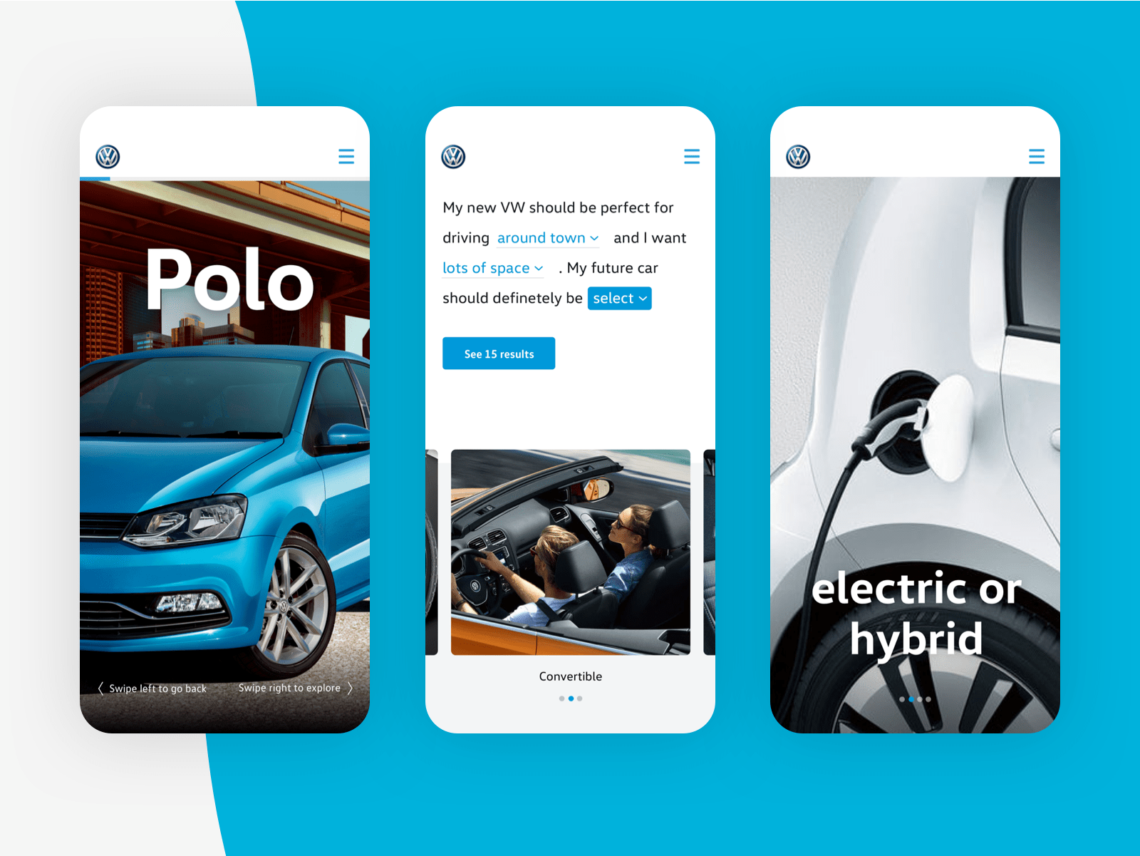 Three screenshots of the VW Next Generation website on mobile devices.
